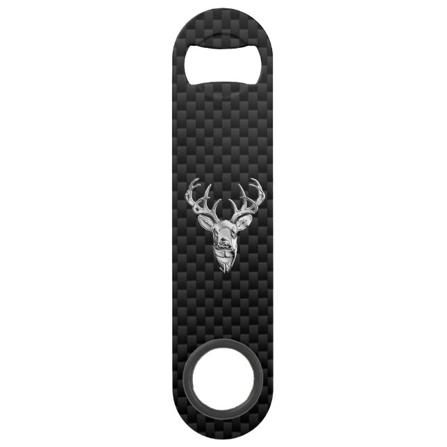 Silver Wild Deer on Carbon Fiber Style Print Speed Bottle Opener (Front)