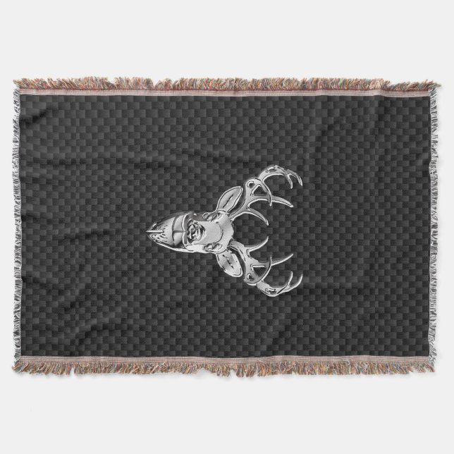 Silver Wild Deer on Carbon Fiber Style Print Throw Blanket (Front)