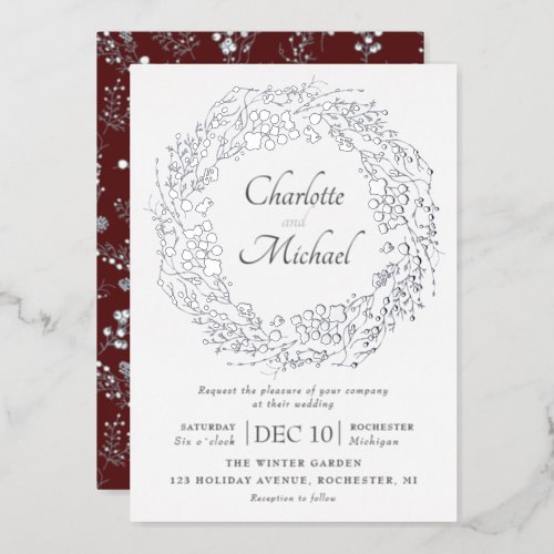 Silver winter berries wreath wedding foil invitati foil invitation