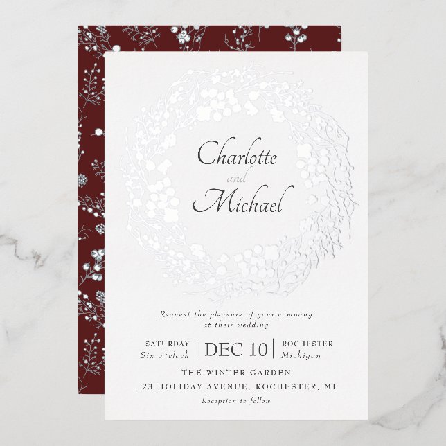 Silver winter berries wreath wedding foil invitati foil invitation (Front/Back)