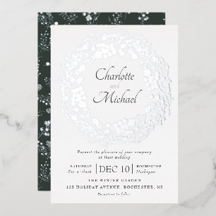 Silver winter berries wreath wedding foil invitation