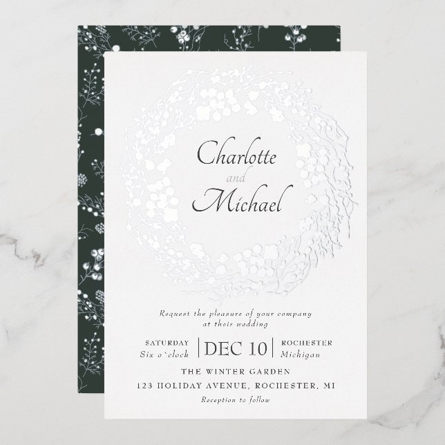 Silver winter berries wreath wedding foil invitation (Front/Back)