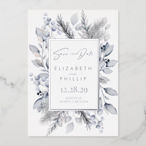 Silver Winter Botanical Holiday Save The Date Foil Invitation