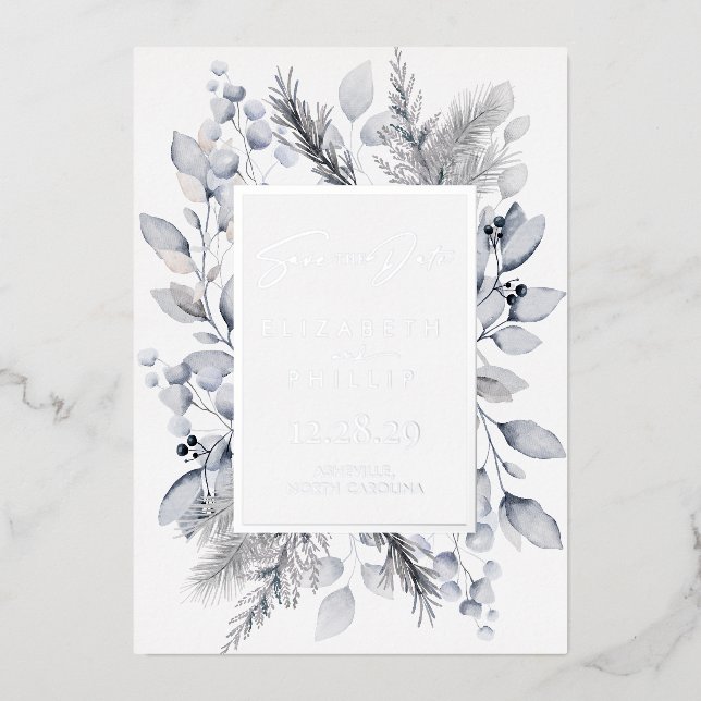 Silver Winter Botanical Holiday Save The Date Foil Invitation (Front)