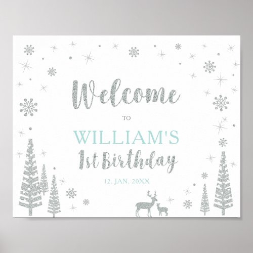 Silver Winter Boy 1st Birthday Party Welcome Sign