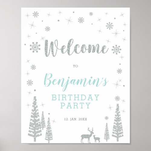 Silver Winter Boy Birthday Party Welcome Sign