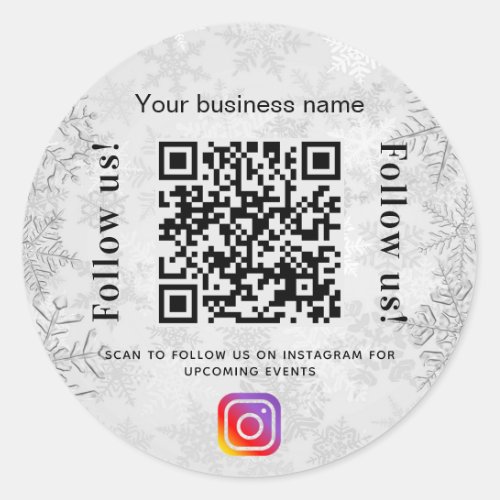 Silver winter business name qr code instagram classic round sticker