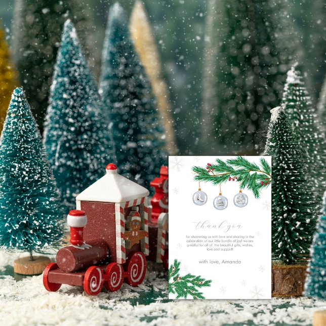 Silver Winter Clothesline Ornaments Baby Shower  Thank You Card (Silver Winter Clothesline Ornaments Baby Shower Thank You Card)