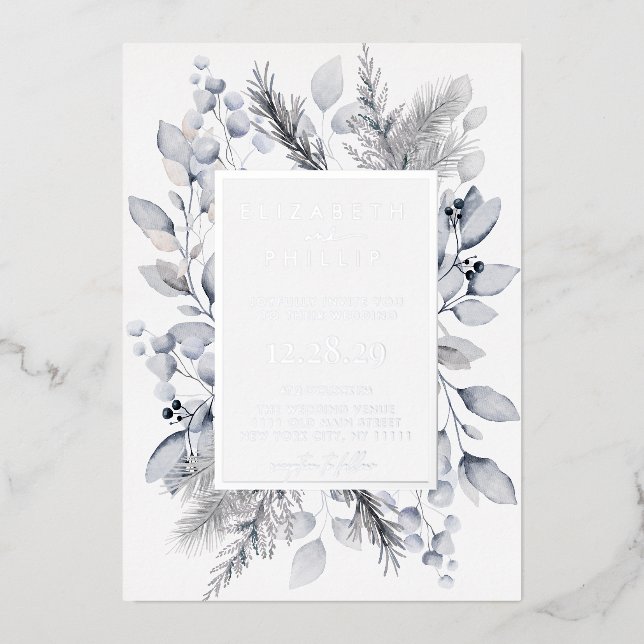 Silver Winter Floral Botanical Holiday Wedding Foil Invitation (Front)