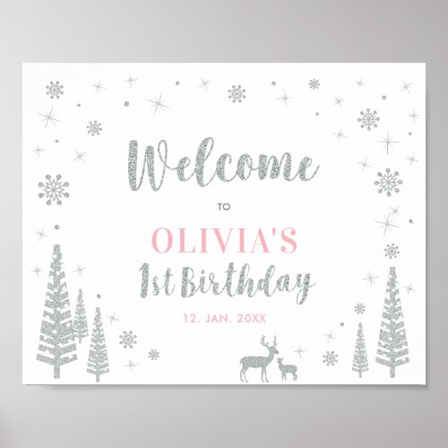 Silver Winter Girl 1st Birthday Party Welcome Sign