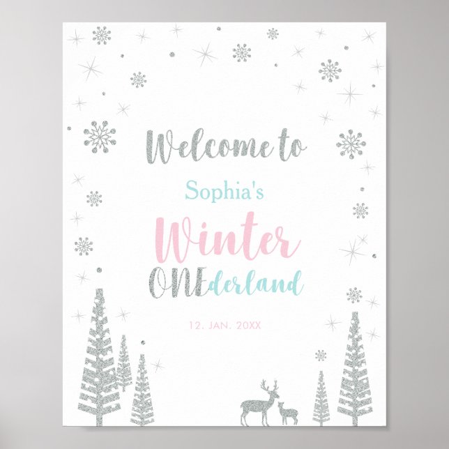 Silver Winter Girl Birthday Party Welcome Sign (Front)