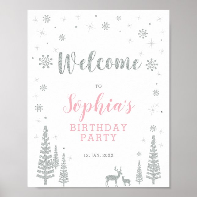 Silver Winter Girl Birthday Party Welcome Sign (Front)