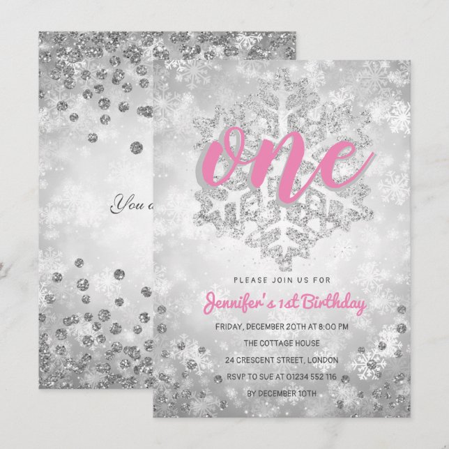 Silver Winter Glitter Snowflake | 1st Birthday Invitation (Front/Back)
