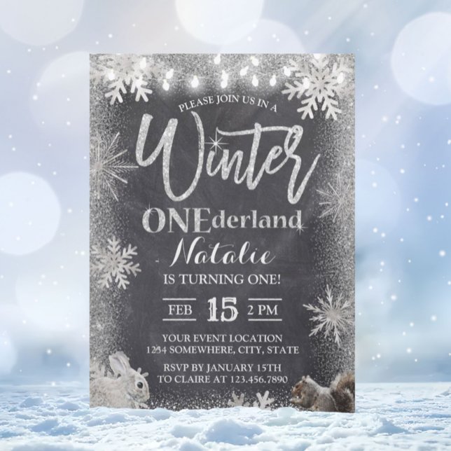 Silver Winter ONEderland 1st Birthday Chalkboard Invitation (Creator Uploaded)