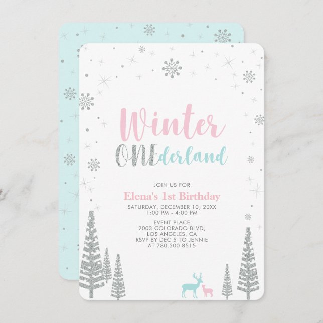 Silver Winter onederland 1st birthday party Invitation (Front/Back)