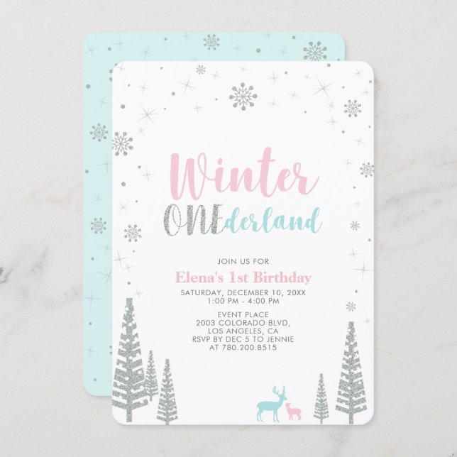 Silver Winter onederland 1st birthday party Invitation (Front/Back)