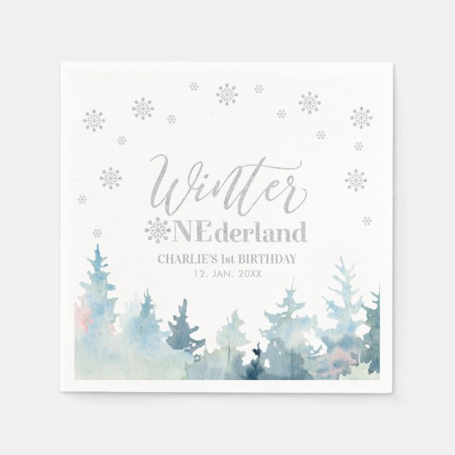Silver Winter Onederland 1st Birthday Party Napkins (Front)
