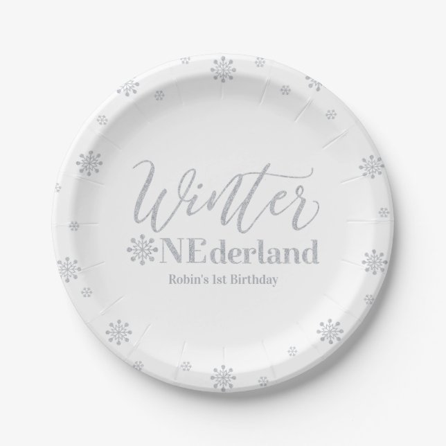 Silver Winter Onederland 1st Birthday Party Paper Plates (Front)