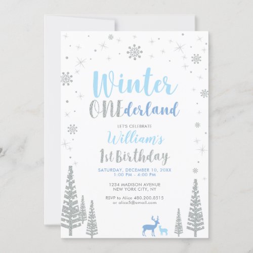 Silver Winter onederland 1st boy birthday party Invitation