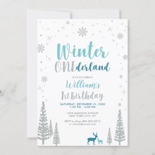 Silver Winter onederland 1st boy birthday party Invitation