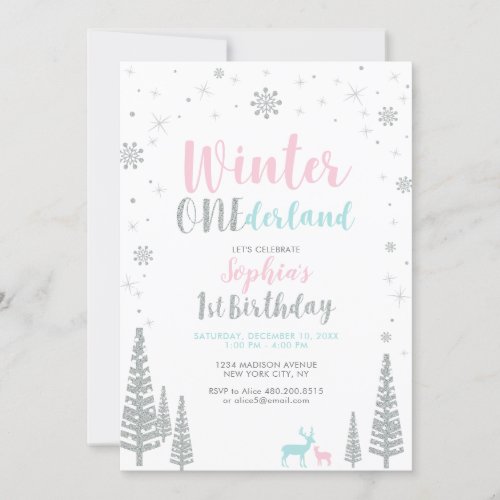 Silver Winter onederland 1st girl birthday party Invitation