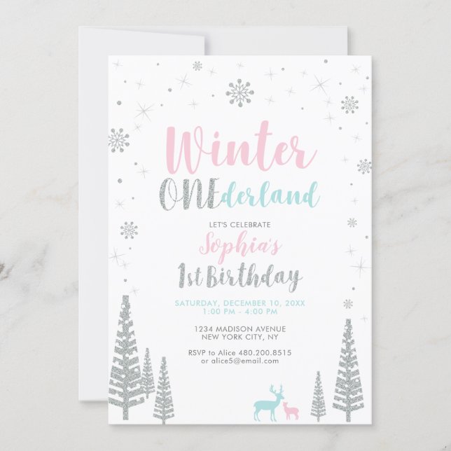 Silver Winter onederland 1st girl birthday party Invitation (Front)