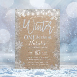 Silver Winter ONEderland 1st Rustic Kraft Birthday Invitation