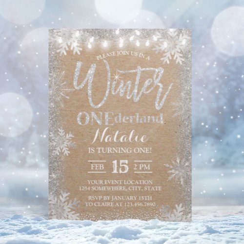 Silver Winter ONEderland 1st Rustic Kraft Birthday Invitation
