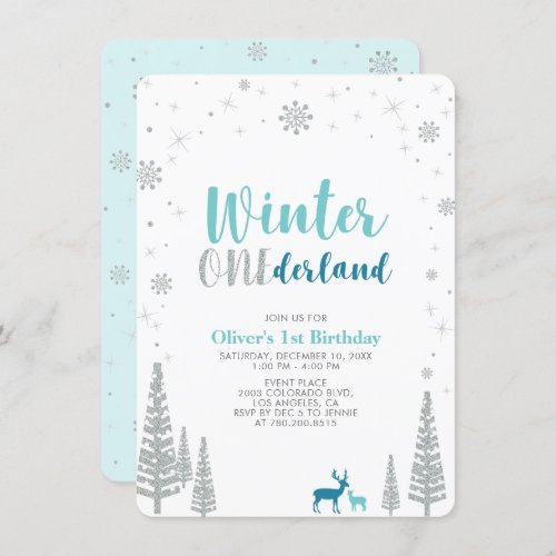 Silver Winter onederland boy 1st birthday party Invitation