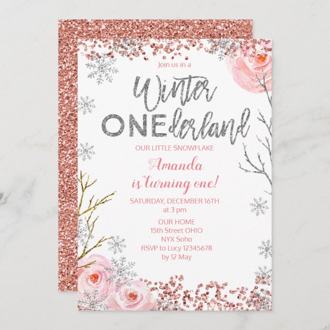 Silver Winter ONEderland First Birthday Invite (Front/Back)