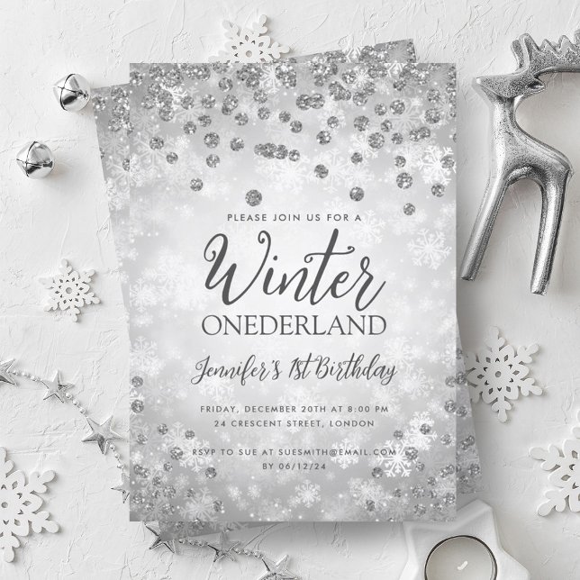 Silver Winter ONEDERLAND Glitter 1st Birthday Invitation (Silver Winter ONEDERLAND Glitter 1st Birthday Invitation)