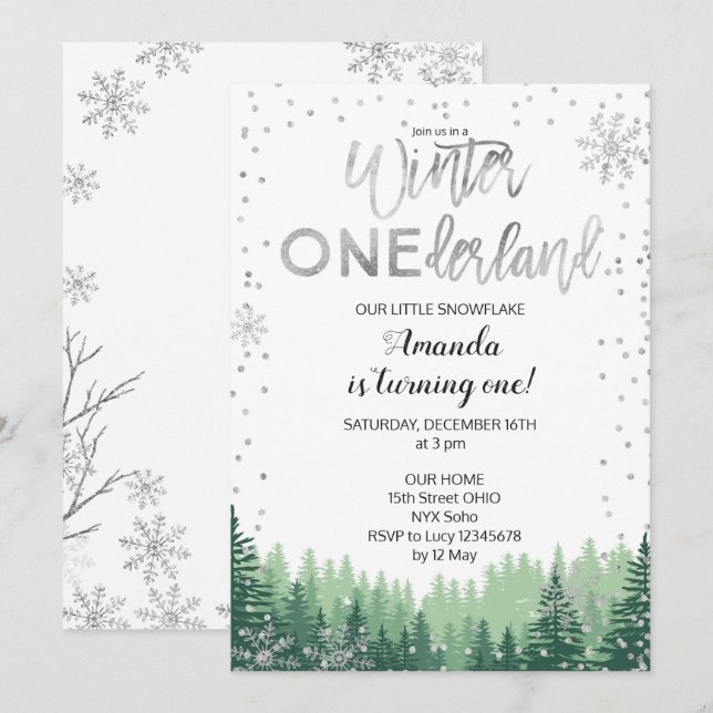 Silver Winter ONEderland Snow Birthday Invite (Front/Back)
