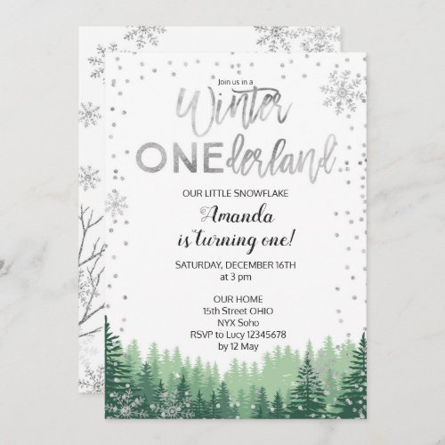 Silver Winter ONEderland Snow Birthday Invite