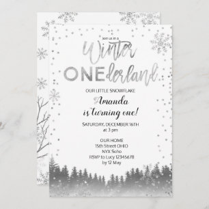 Silver Winter ONEderland Snow Birthday Invite BOY
