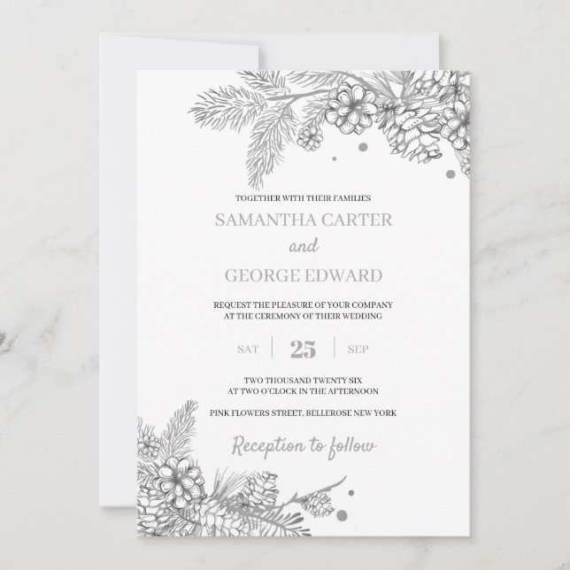 Silver winter pine and cones modern wedding invitation (Front)