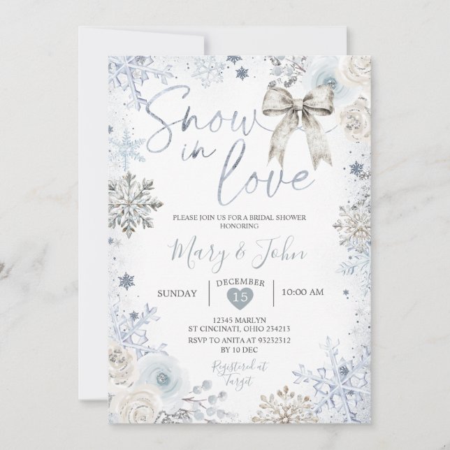 Silver Winter Snow in Love Snowflake Bridal Shower Invitation (Front)