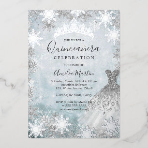 Silver Winter Snowflake Blue Quinceanera Foil Invitation