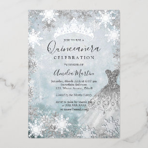 Silver Winter Snowflake Blue Quinceanera Foil Invitation