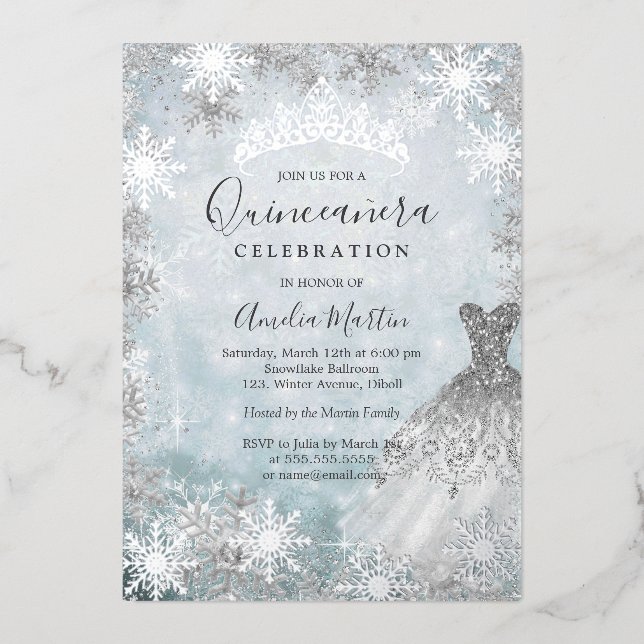Silver Winter Snowflake Blue Quinceanera Foil Invitation (Front)