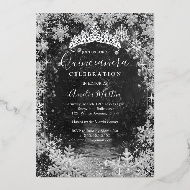 Silver Winter Snowflake Garden Quinceanera Foil Invitation (Front)