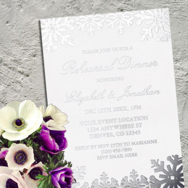 Silver Winter Snowflake Rehearsal Dinner Foil Invitation (Creator Uploaded)