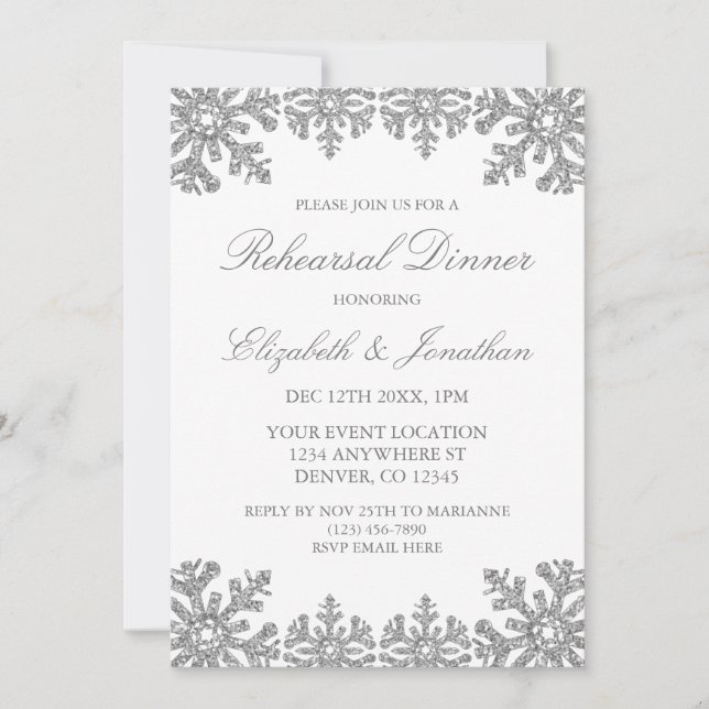 Silver Winter Snowflake Rehearsal Dinner Invitation (Front)