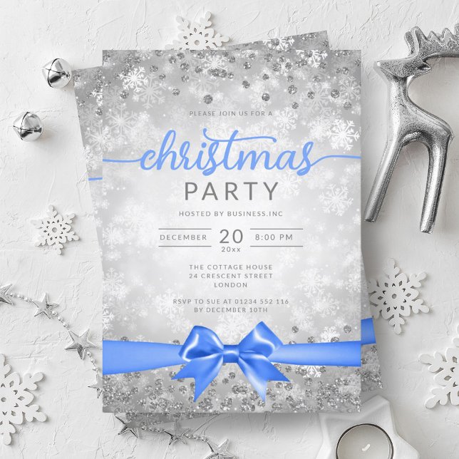 Silver Winter Snowflakes Company Blue Ribbon Invitation (Silver Winter Snowflakes Company Blue Ribbon Invitation)
