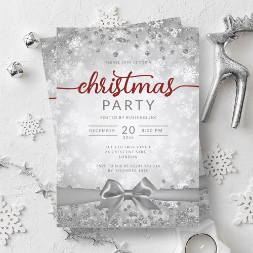 Silver Winter Snowflakes Company Red Ribbon Invitation