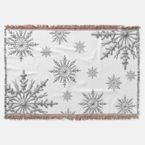 Silver Winter Snowflakes on White Throw Blanket