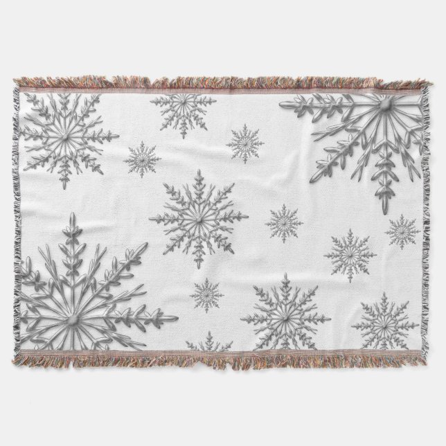 Silver Winter Snowflakes on White Throw Blanket (Front)