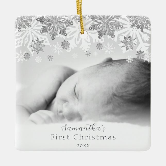 Silver Winter Snowflakes Personalized Baby Ceramic Ornament (Front)