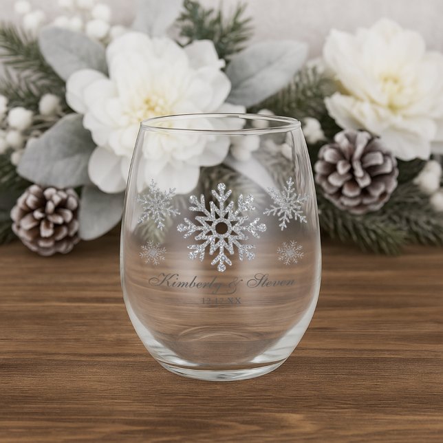 Silver Winter Snowflakes Personalized Stemless Wine Glass (Silver Winter Snowflakes Personalized Stemless Wine Glass)