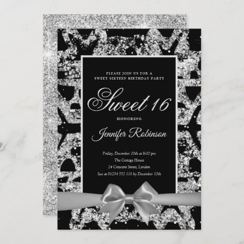 Silver Winter Sweet 16  Glitter Snowflake Invitation