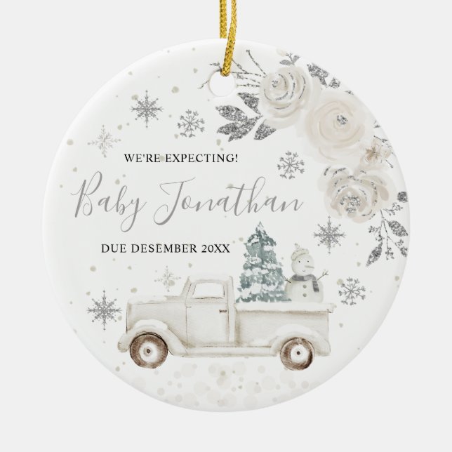 Silver Winter Truck We're Expecting Parents Ceramic Ornament (Front)